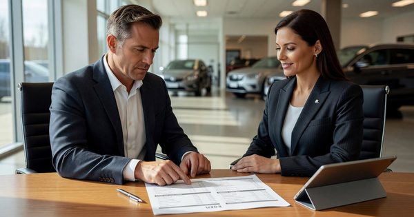 A car buyer reviewing a financing worksheet with the dealer finance manager, showing APR comparisons and product add-ons.