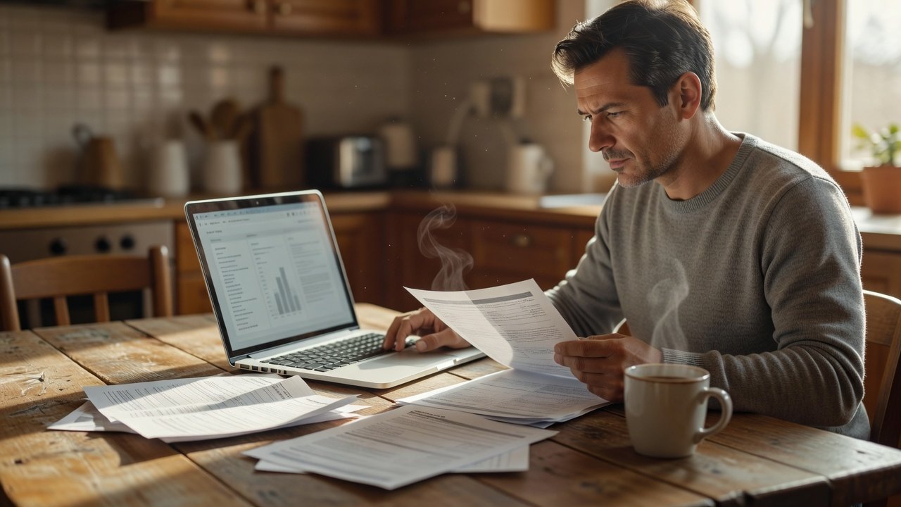 A driver comparing auto insurance quotes on a laptop at a kitchen table with vehicle documents alongside.