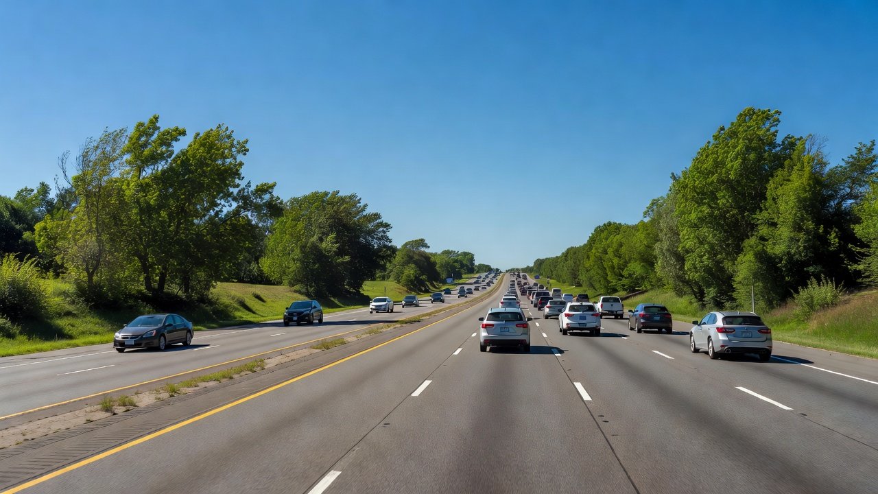 A multi-lane Connecticut-style highway on a clear day with steady traffic in the lanes ahead.
