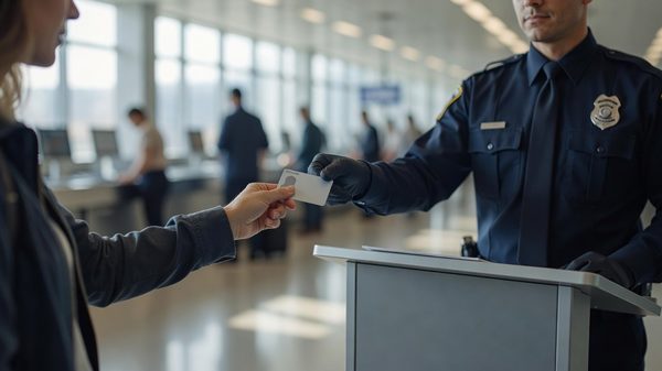 A traveler presenting a driver's license to a TSA officer at an airport security checkpoint.
