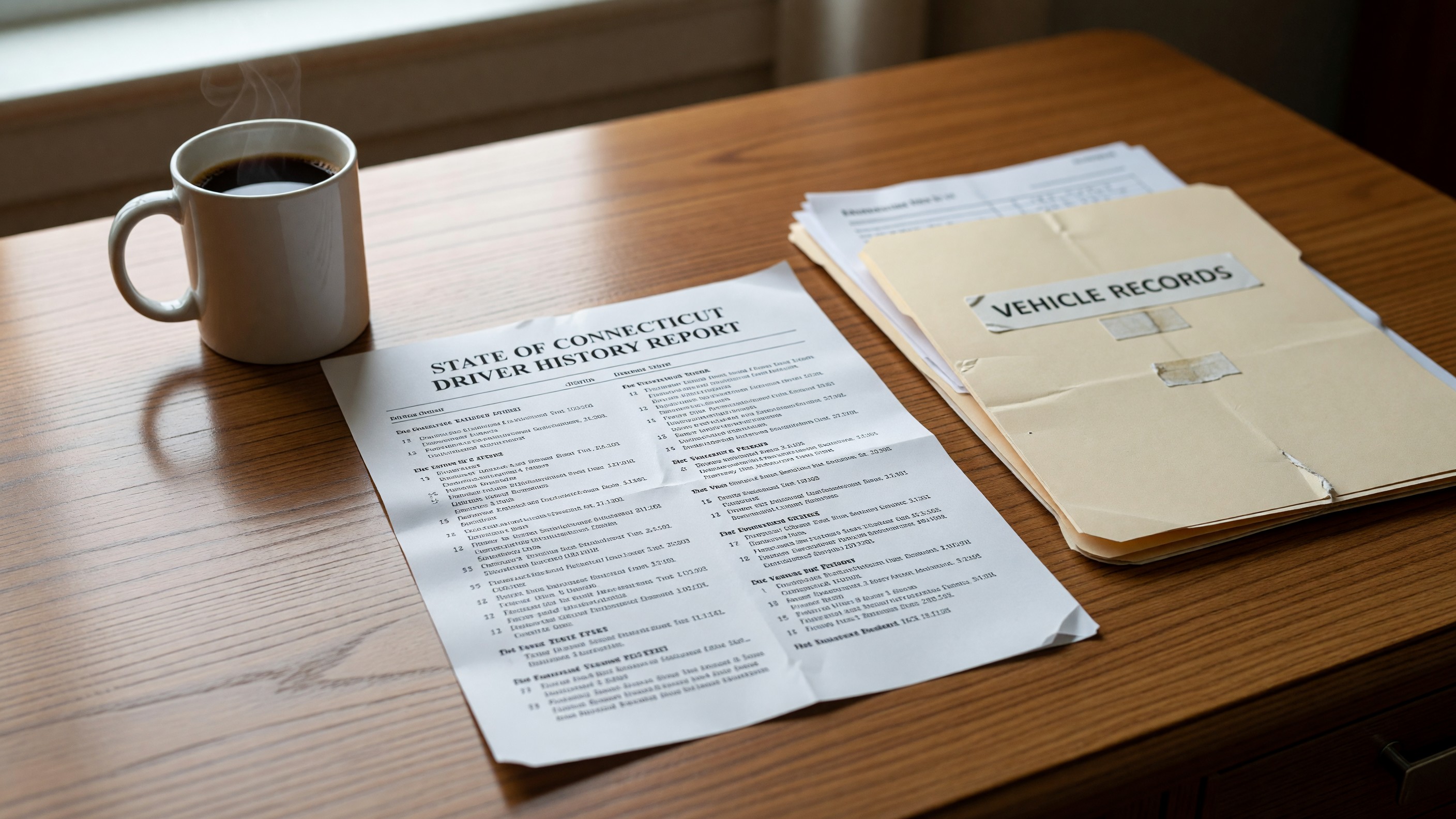 A printed Connecticut driver history report sitting on a desk next to a coffee cup and a folder of vehicle records.