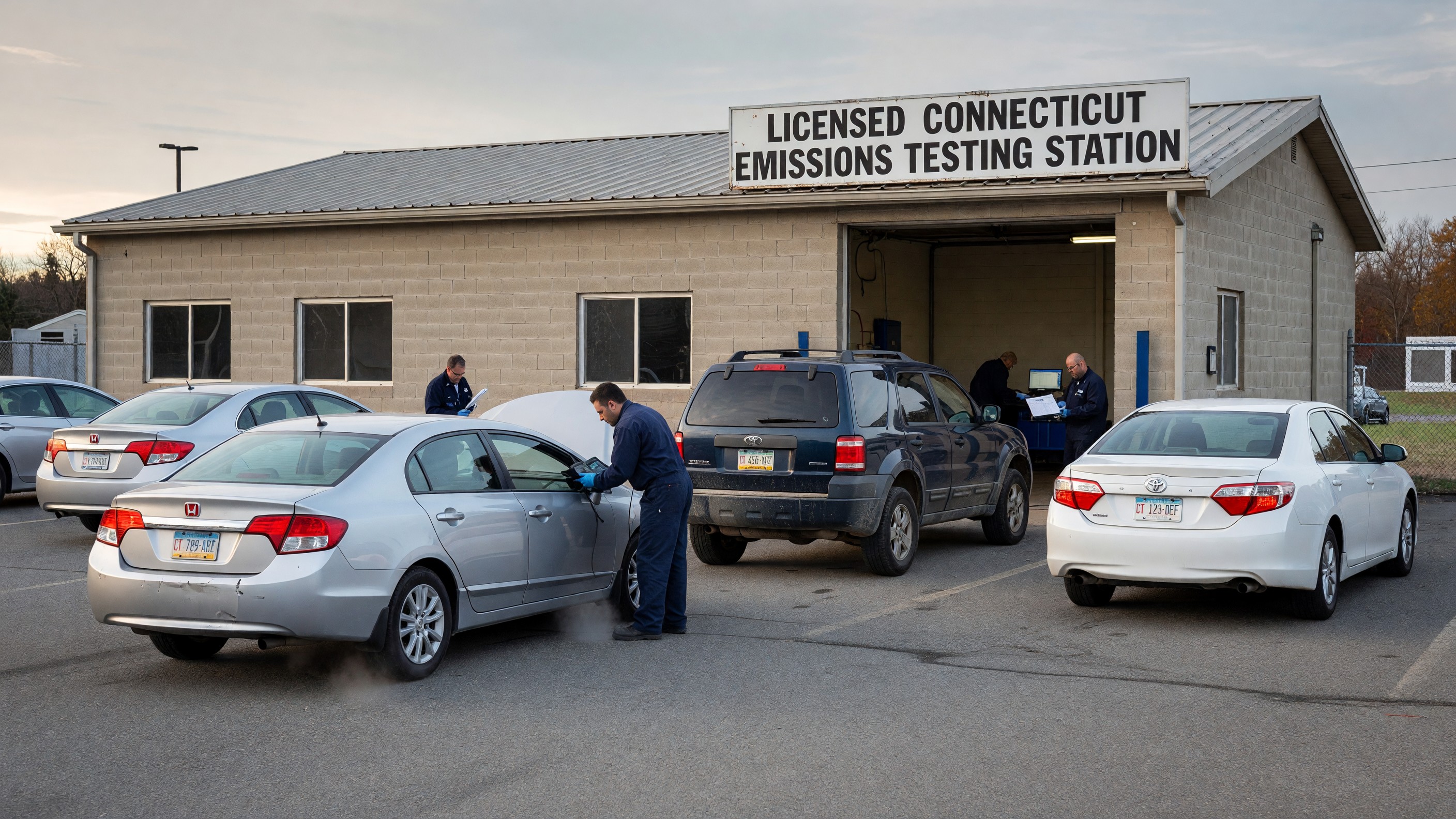 A licensed Connecticut emissions testing station with vehicles queued for OBD-II inspection.