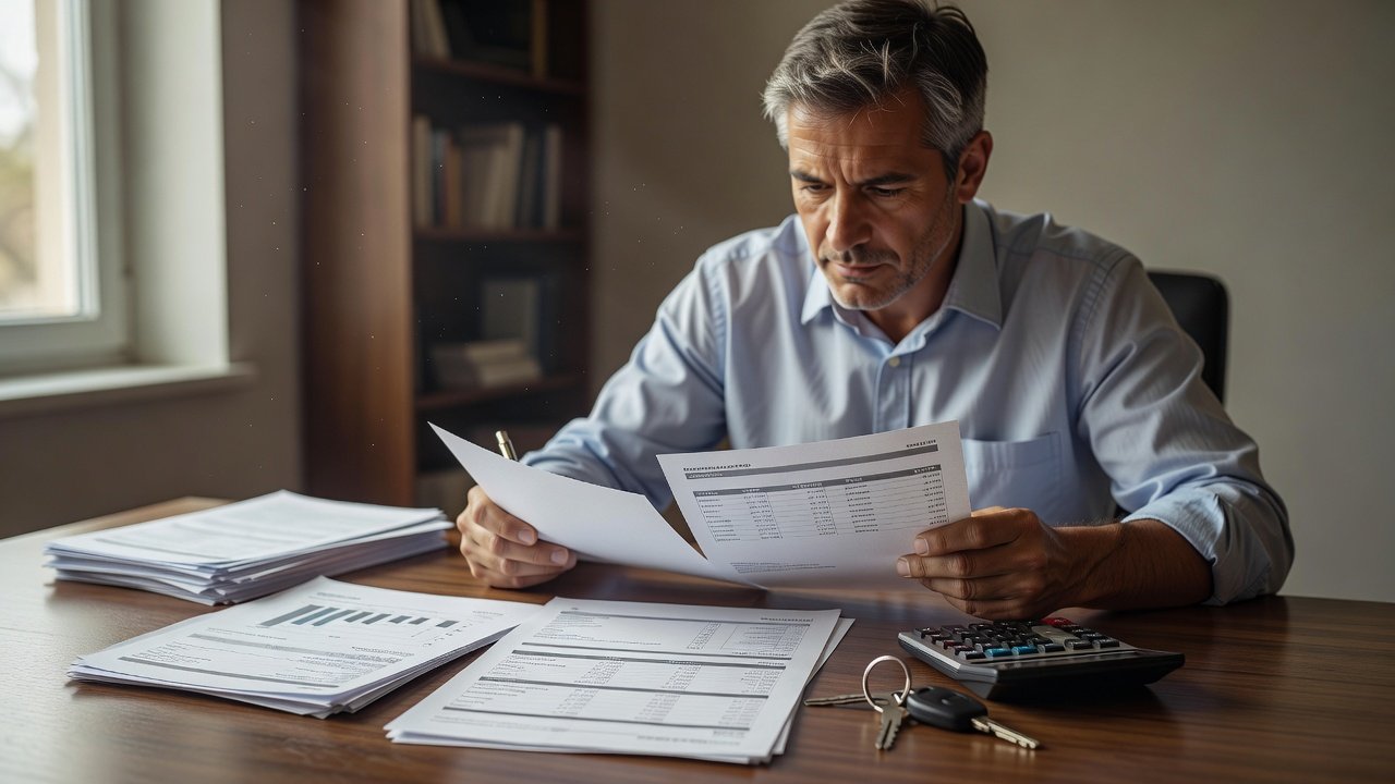 A car owner reviewing a loan payoff statement and finance contract paperwork at a desk.