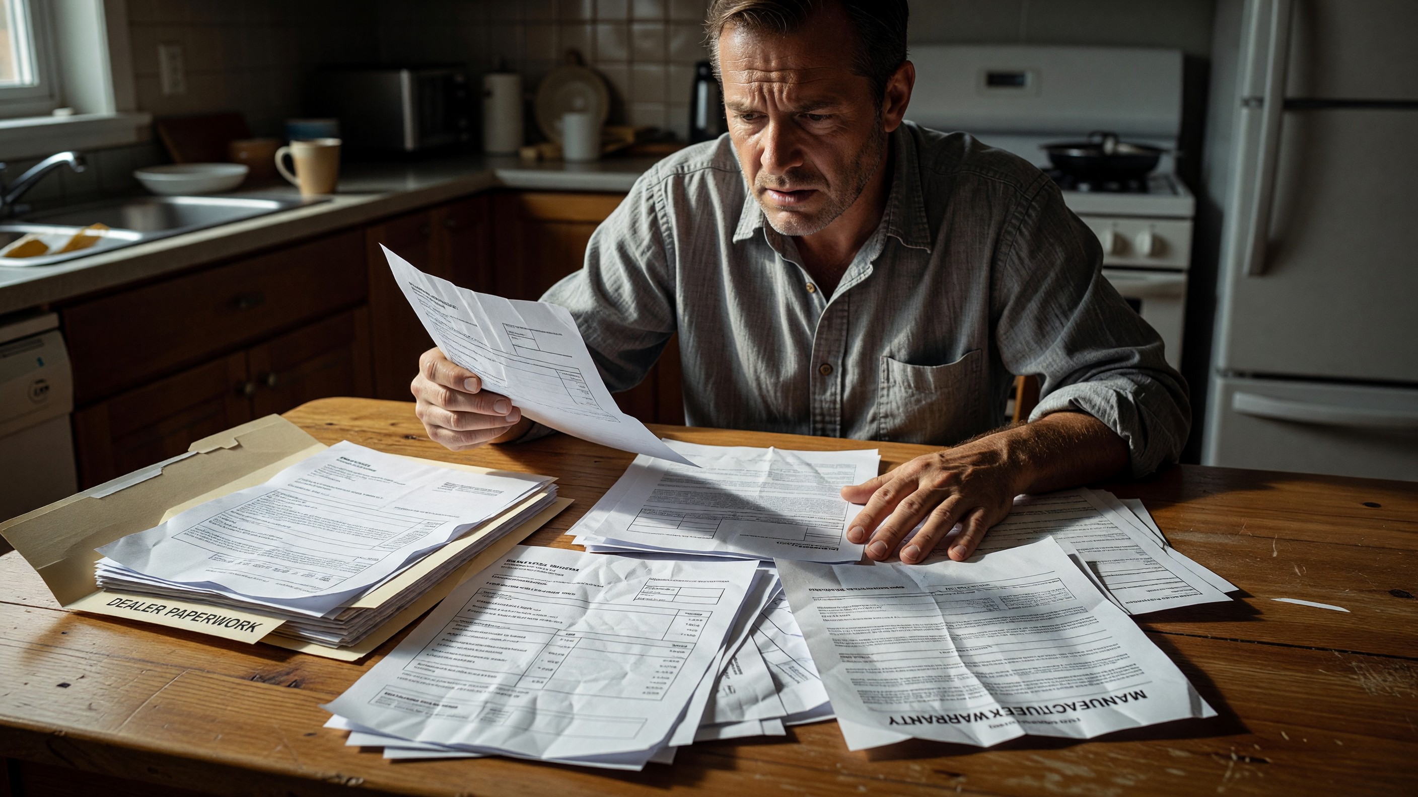 A frustrated car buyer reviewing repair invoices and a manufacturer warranty document on a kitchen table next to a folder of dealer paperwork.