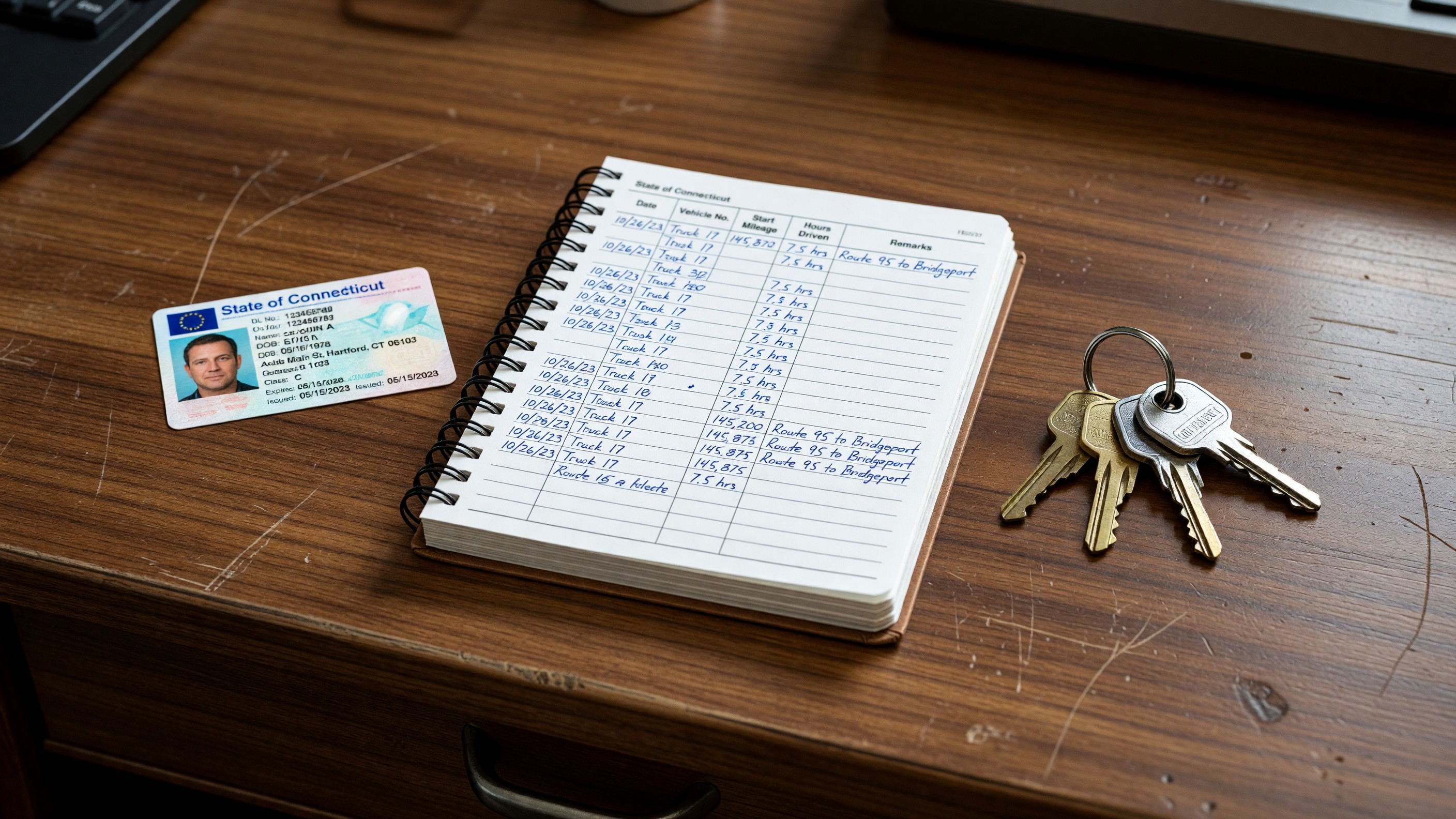 A Connecticut driver's license next to a commercial vehicle logbook and keys on a desk.