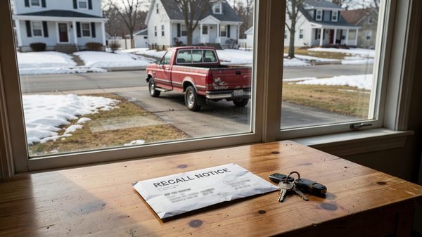 A recall notice envelope on a kitchen table beside car keys, with a parked sedan visible through the window.