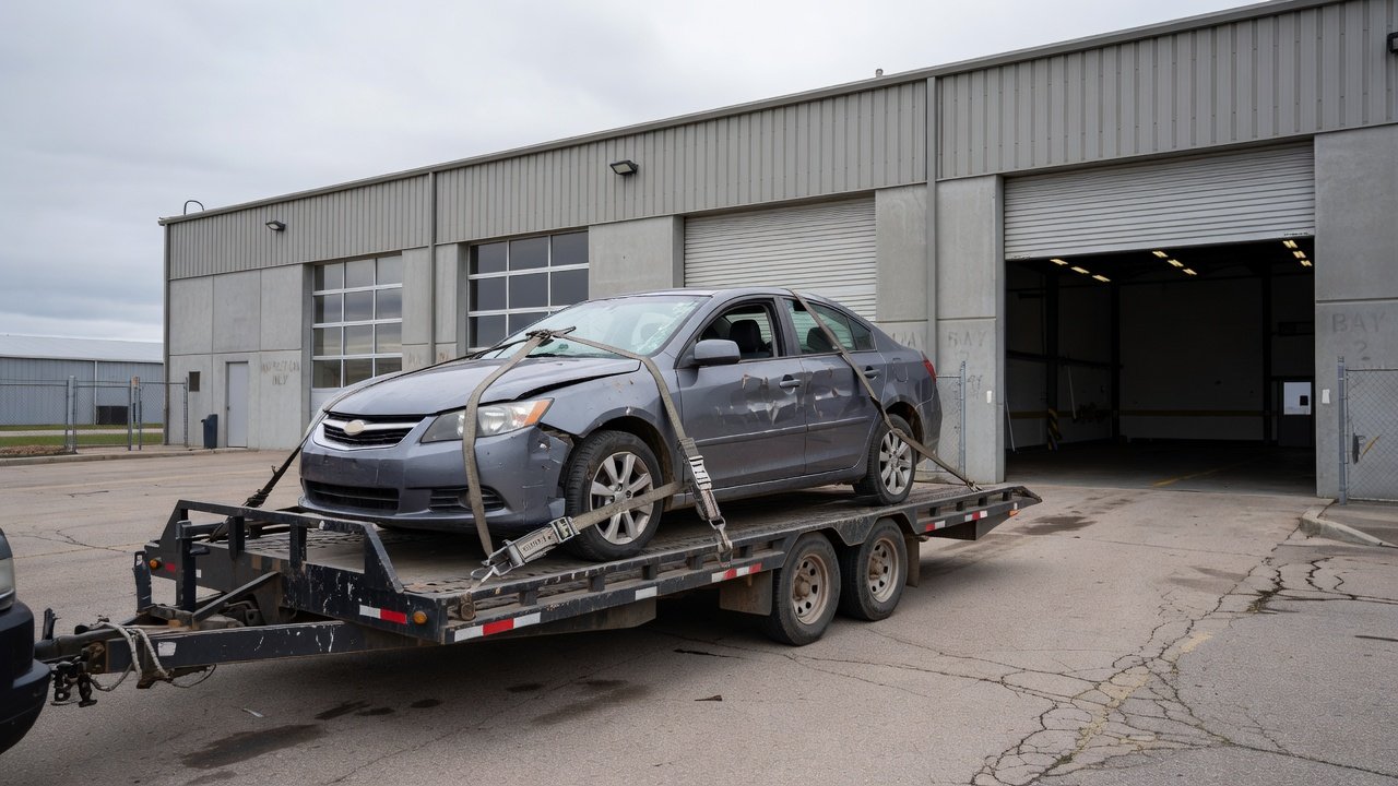 A vehicle on a flatbed trailer arriving at a state inspection facility for a salvage inspection.
