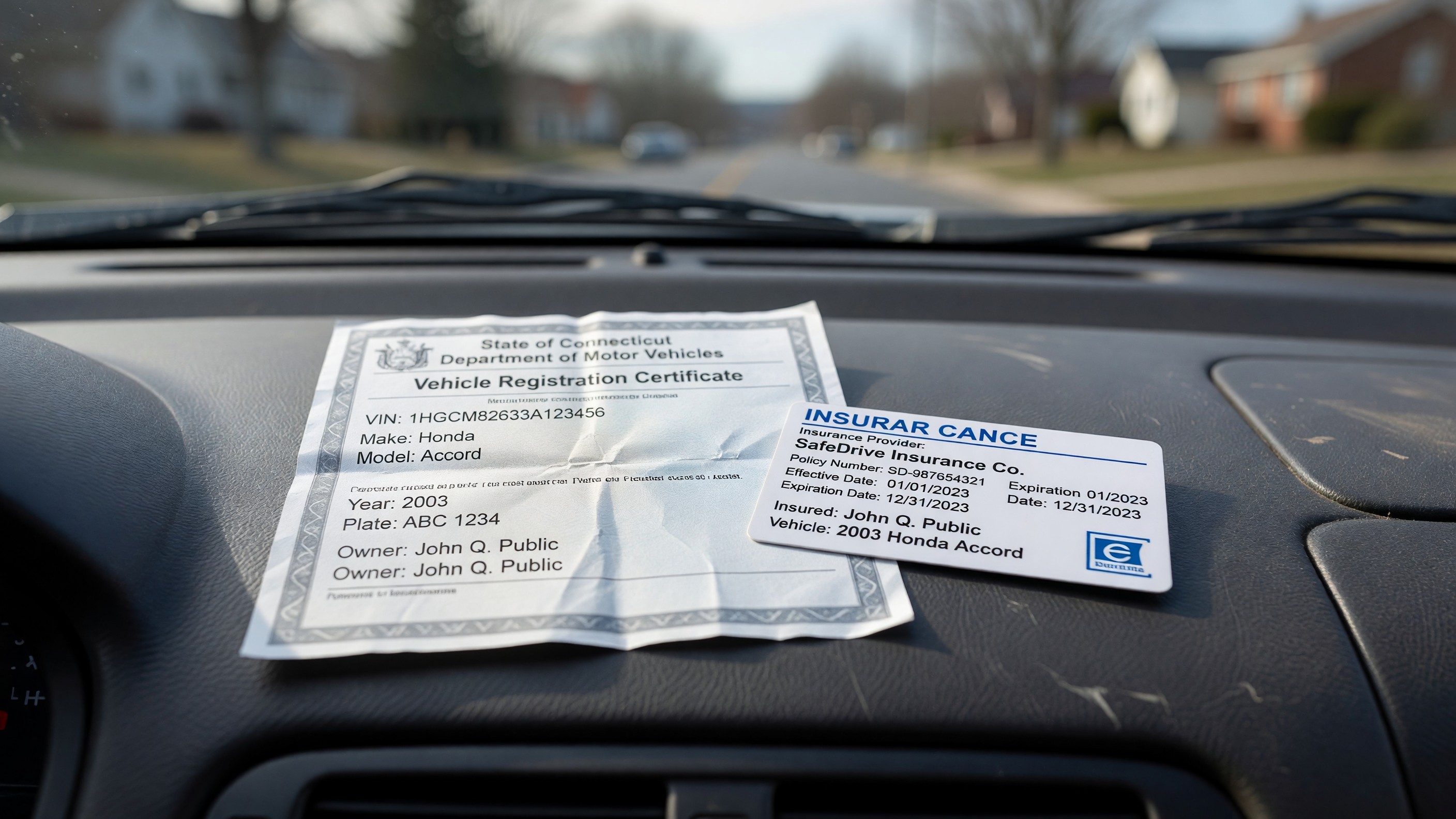 A Connecticut vehicle registration certificate and insurance card sitting on top of a car dashboard.